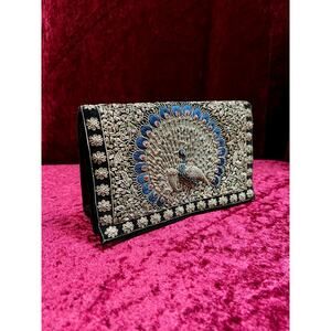 Vintage Double Sided Velvet Evening Clutch – Embroidered Peacock - Zardozi
